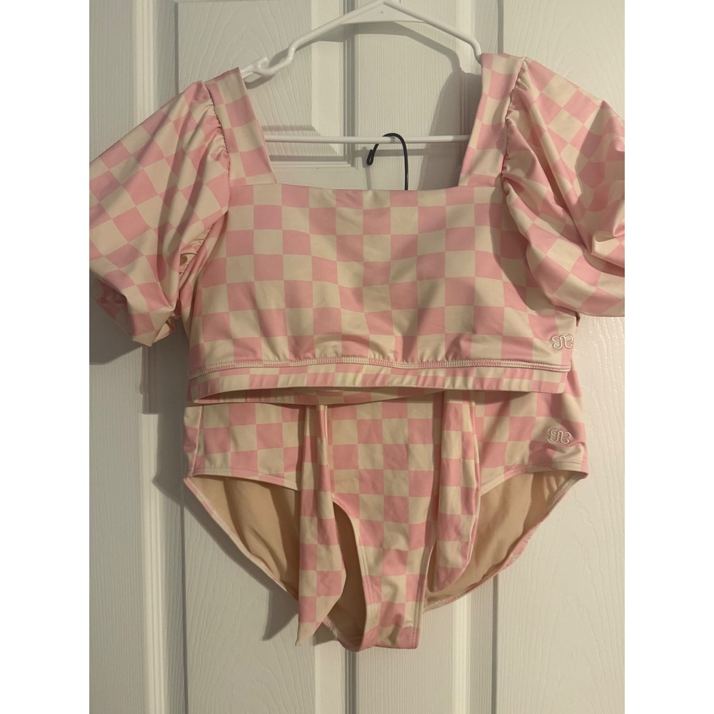 Albion Pink &‎ White Checkered Puff Sleeve High-Waisted Bikini Set Size Large